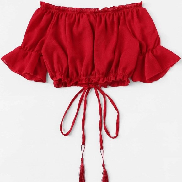 NEW Red Tassel Drawstring Off Shoulder Crop Top XL - Picture 4 of 6